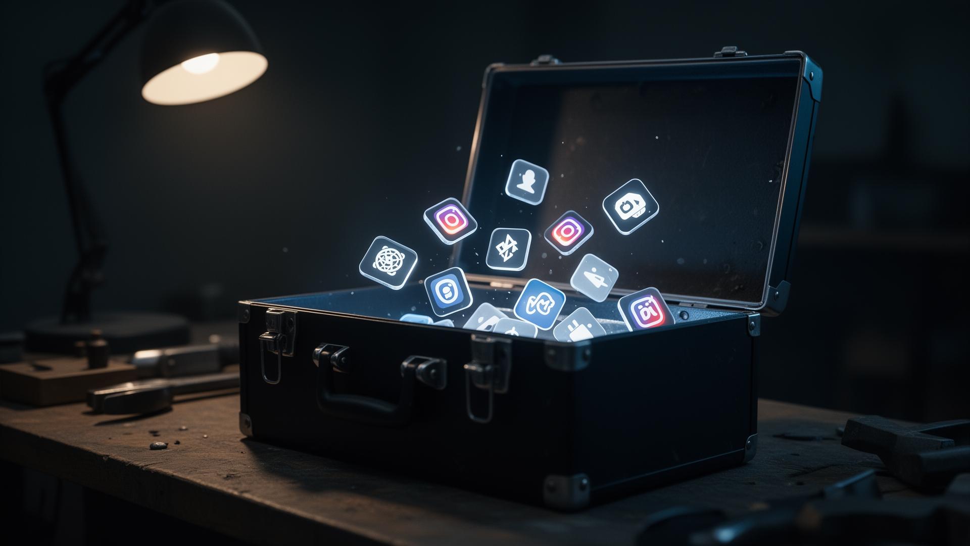 Toolbox spilling scattered AI tool icons in dim light