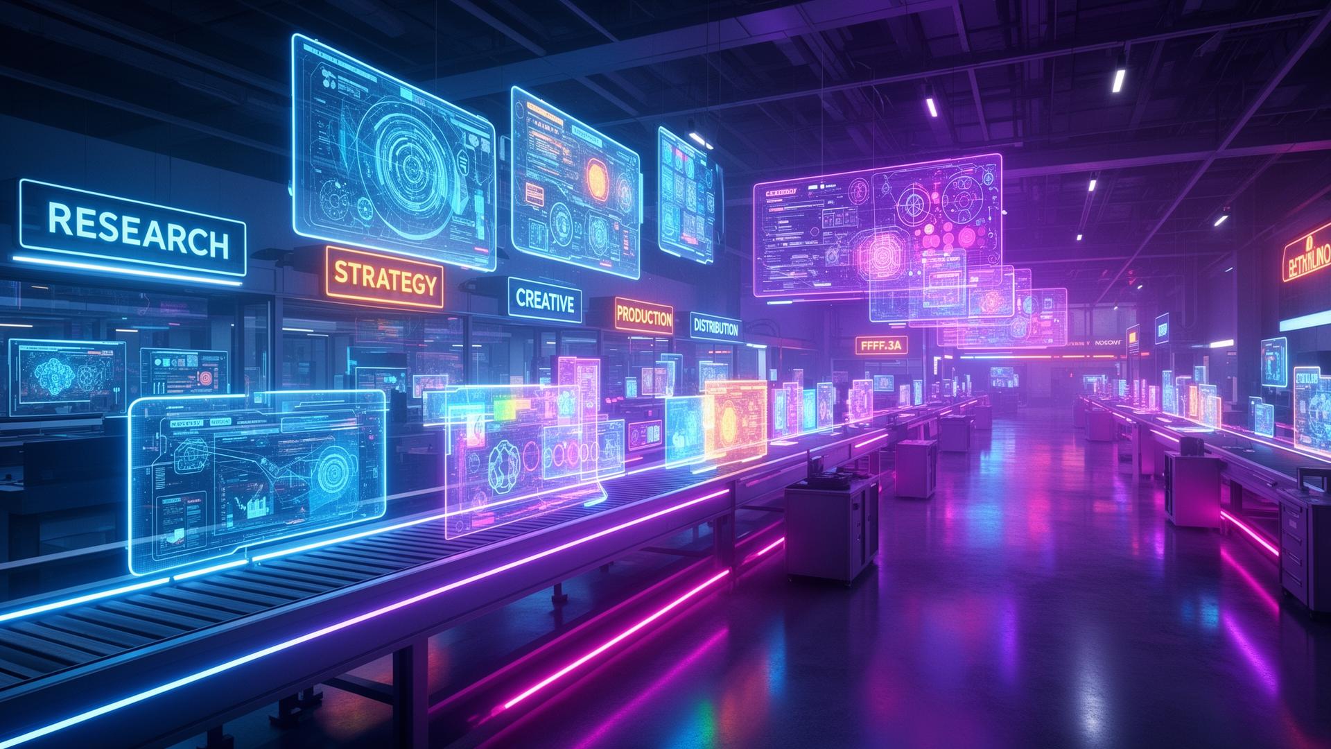 Neon AI ad factory with holographic dashboards on conveyor belts