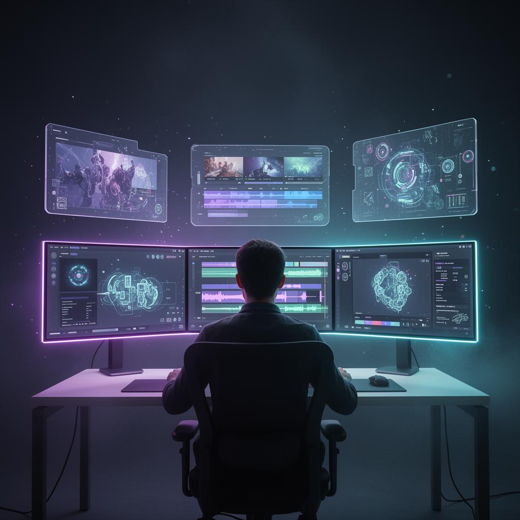 Solo AI creator at a futuristic workstation with holographic UI panels