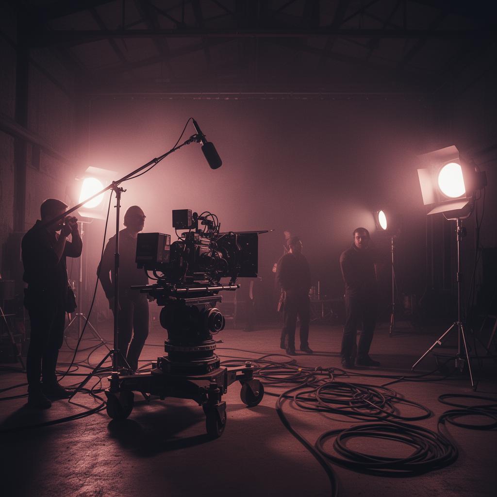 Traditional film production set with crew, cameras, and studio lights